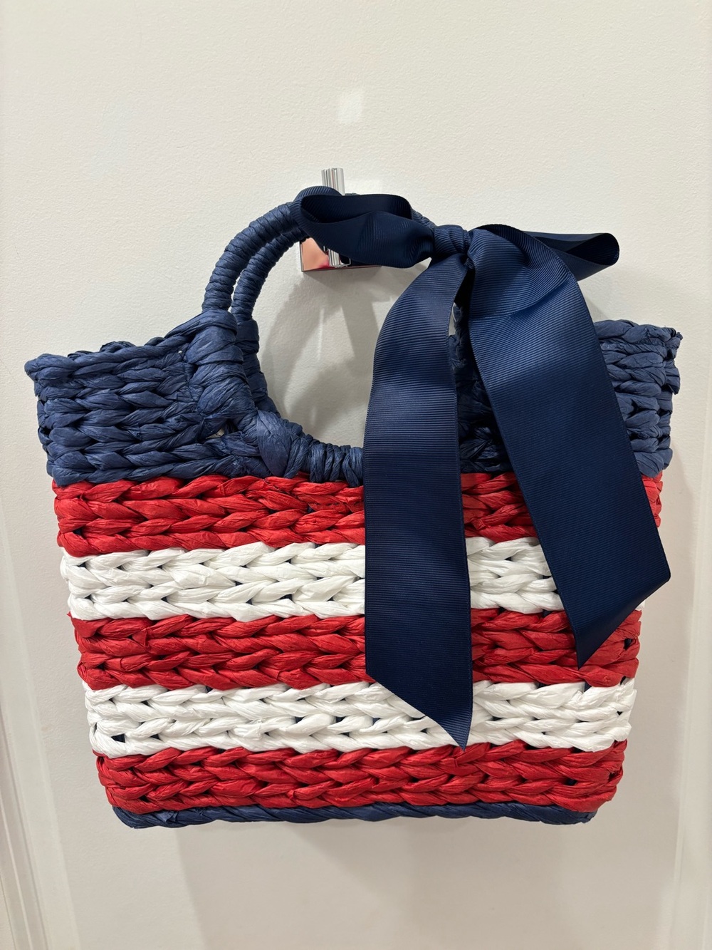 NWT Alessia Navy blue, Red & White Striped Woven Tote with Bow